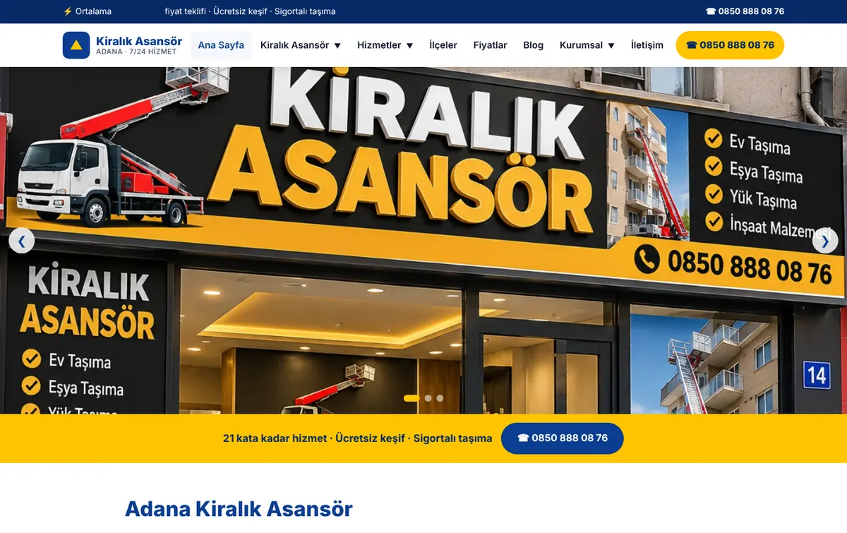 Adana Kiralık Asansör web sitesi anasayfası