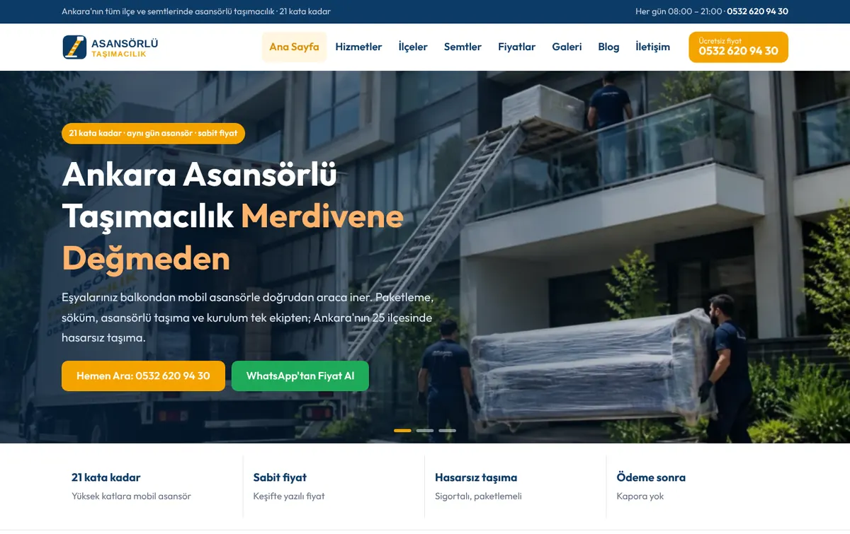 Asansörlü Taşımacılık web sitesi anasayfası