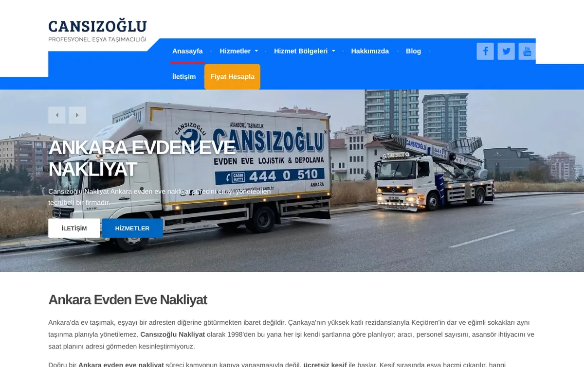 Cansızoğlu Nakliyat web sitesi anasayfası