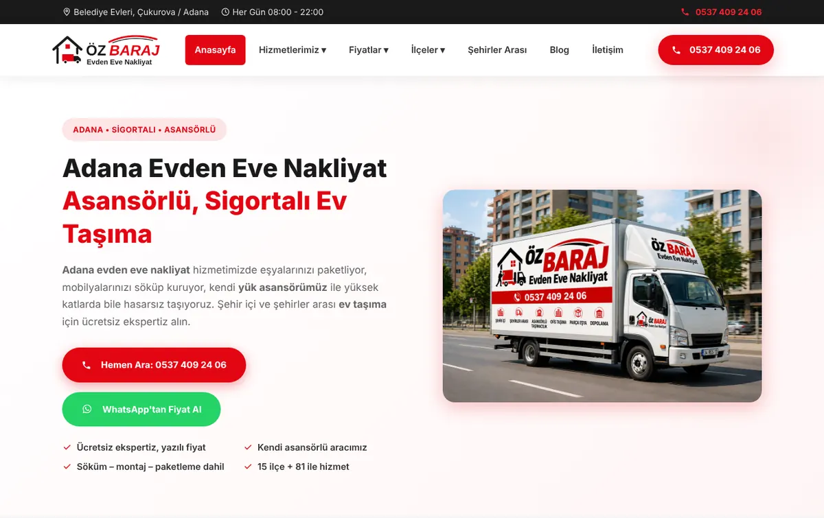 Öz Baraj Evden Eve Nakliyat web sitesi anasayfası